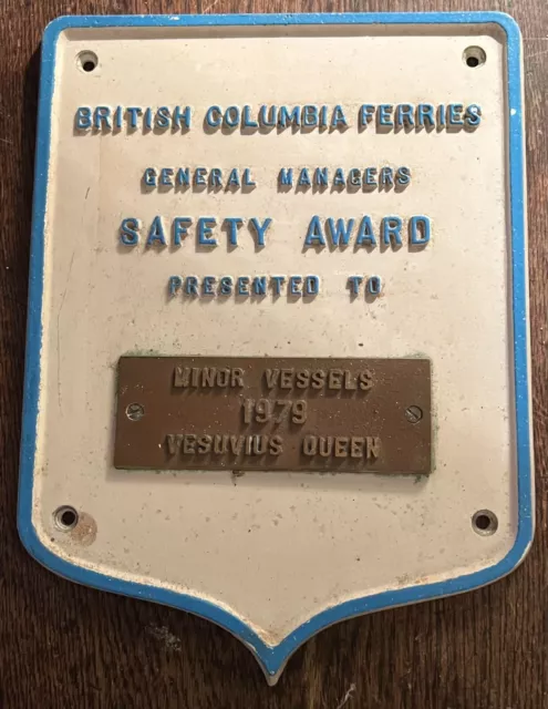 Vintage Old Metal Naval Ship Plaque Sign BC Ferry VESUVIUS QUEEN 1979