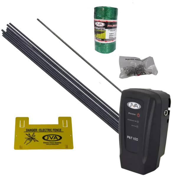 JVA PET Fence Kit: Portable Electric Fence Energizer (0.11J 1 km) PLUS hardware