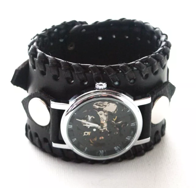 Schwarz Leder Uhr Armband Steampunk Gothic-Mechanical-Handmade UK 2