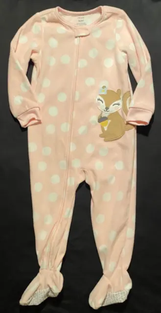 New Girls Carters Fleece footed Pajamas 3T Pink dot Squirrel appliqué 3 onepiece