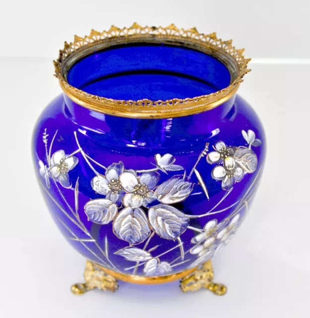 19th C French Sevres Style Antique Cobalt Blue Glass & Gilt Ormolu Bowl France