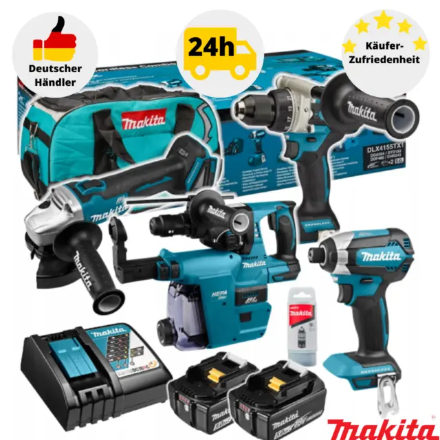 Makita DLX4155TX1 Combo Set 18V Makita DGA504 DDF486 DTD153 DHR243 DX07 2x Akku