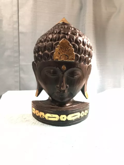 Wooden Buddha Mask Bust Black Gold Carved Wood 12 inches Tall Serene Expression