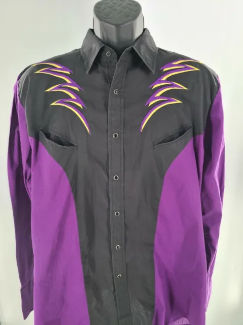Ely Diamond Mens Western Purple Black Pearl Button Long Sleeve Shirt Large