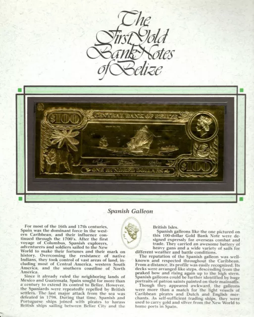 22kt Gold $100 Belize UNC 1981 Banknote- SPANISH GALLEON- RARE