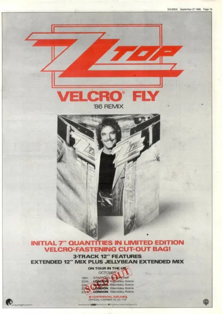 27/9/86PT19 Single Advert 15X11 Zz Top. VeL... Fly 86 Remix