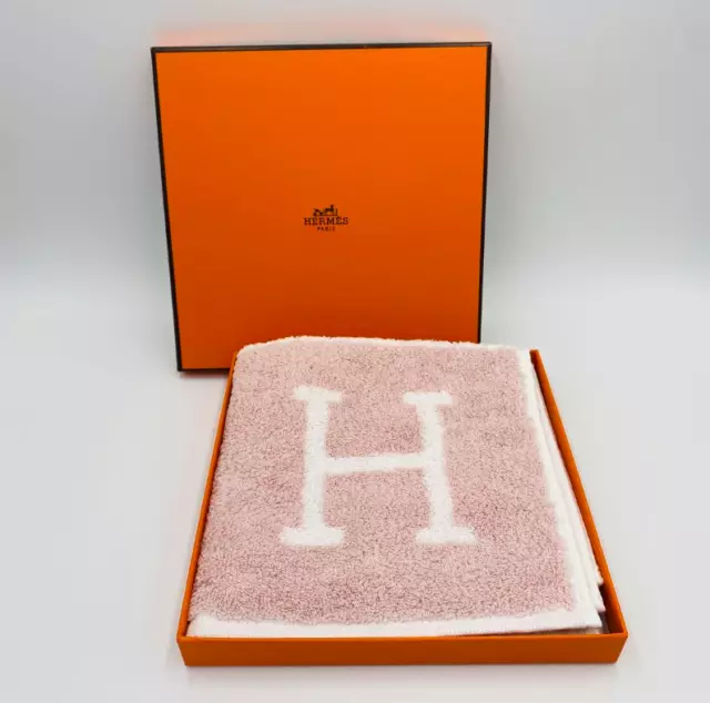 Unused HERMES hand towel pink and white 100% cotton with box logo pattern