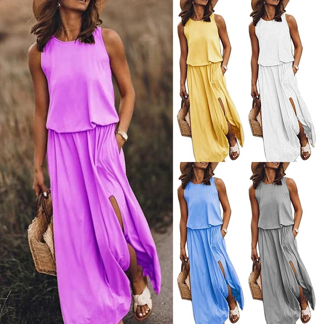 Robe sans Manches Uni Robe Maxi Robe Débardeur Vacances Boho Uni @ *