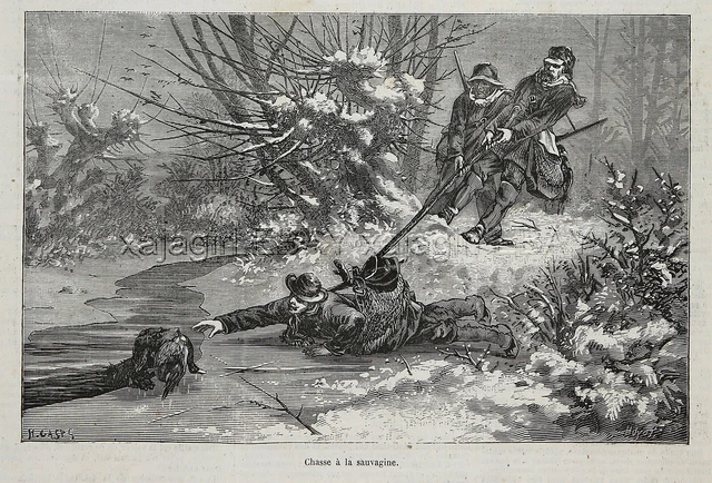 Dog Flat-Coated Retriever, Saved by Hunter on Ice, 1870s Antique Engraving Print