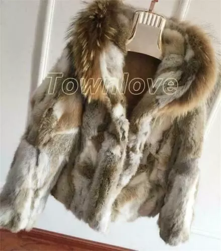 Vintage Women Jacket Genuine Real Farm Rabbit Fur Coat Hooded Outwear