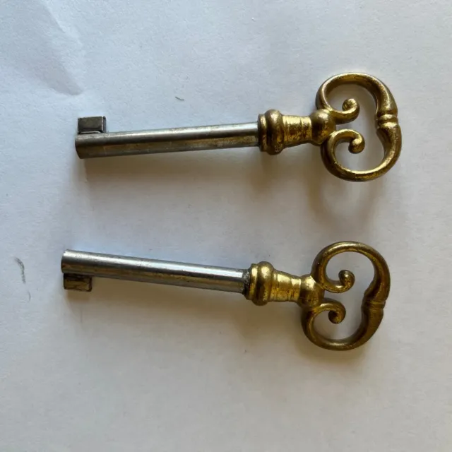 Pair Of French  Renaissance  Solid Brass Head Furniture Door Key. Open Barrel