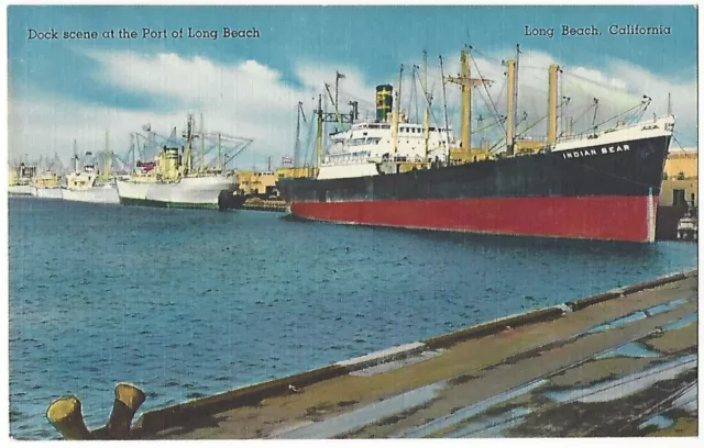 Dock Scene Port of Long Beach, California Linen Postcard Not Posted