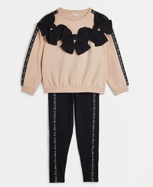 BNWT 5-6 years River Island GIRLS BEIGE BLACK BOW SWEATSHIRT LEGGINGS SET 2