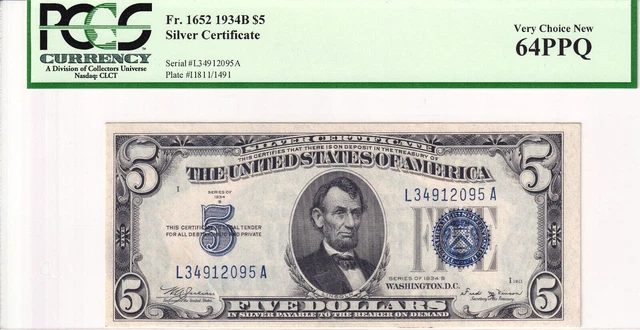 1934-B $5 Silver Certificate LA Block PCGS Very Choice New 64PPQ #L34912095A