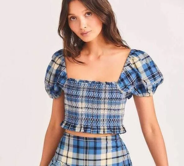 LoveShackFancy Womens Hersh Cropped Smocked Checked Cotton Blouse Tunic Top XS