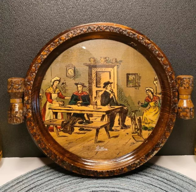 Tableau Cadre Rond Ancien, Illustration Sous Verre Signée Billom.