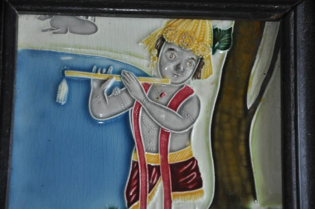 Vintage Framed Lord Krishna Colorful Embossed Ceramic Tile, Japan 2