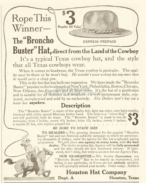 1910 Houston Hat Company Texas Broncho Buster Bronco Cowboy Hat Magazine Ad