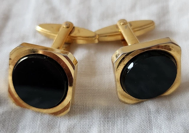 Boutons De Manchette Vintage MURAT - Plaqué Or Avec Onyx Noir, Anciens, Modèle 2808