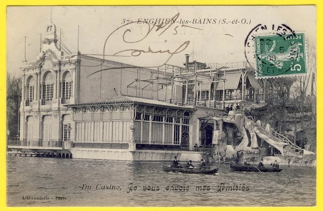cpa 95 ENGHIEN les BAINS (Val d'Oise) Entrée du CASINO par le LAC Animé Barques