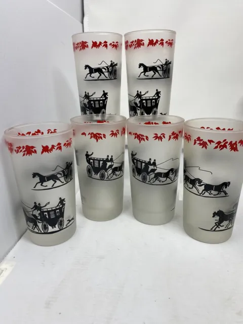 6 Vintage Mid-Century Black  STAGECOACH Frosted Glass TUMBLERS, LIbbey   Gay Fad
