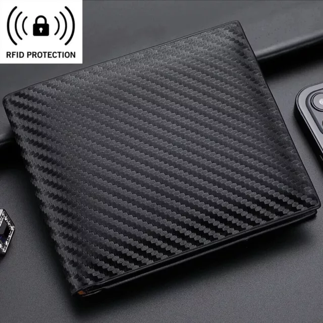 Men's Fashion Wallet RFID Blocking Carbon Fiber Leather Bifold Card ID Holder US