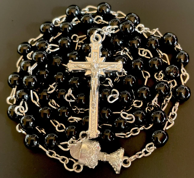 Rosario Vintage Vidrio Negro 5 Décadas, Crucifijo SilverTone Italia