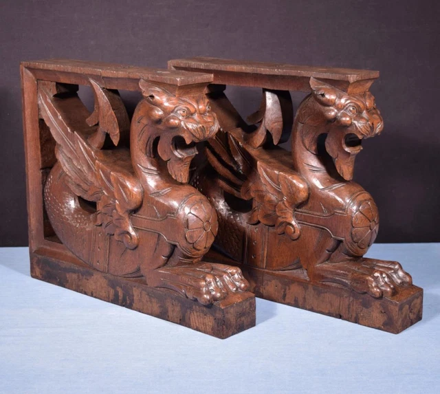*French Antique Solid Oak Statues/Pedestals/Griffins Highly Carved Salvage