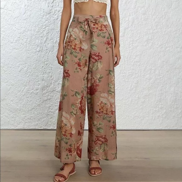 Zimmermann Gorgeous Corsair Tie Floral Wide Leg Pants Size 0