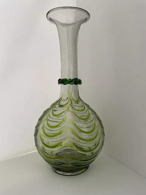 XL Vase Glas Waldglas  29 x 14 cm klar, grüne Girlanden MUNDGEBLASEN sehr gut!