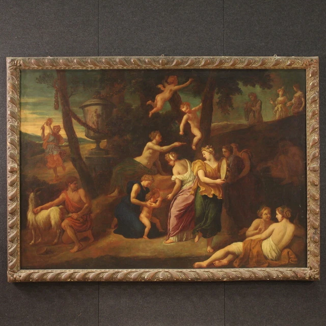 Gran pintura mitológica antiguo cuadro siglo XVII lienzo óleo lienzo bacanal