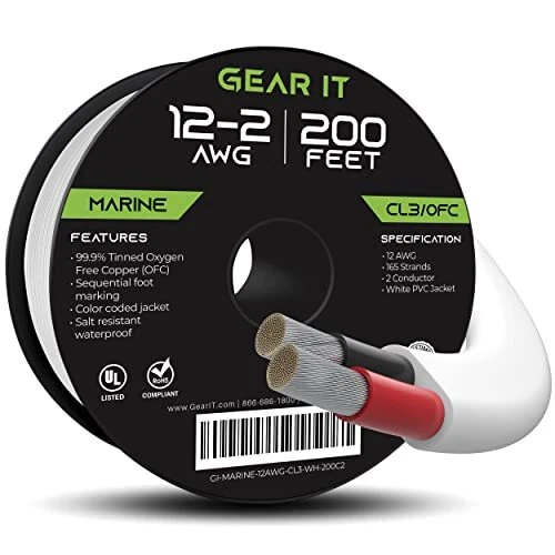 GearIT 12/2 Wire 200 Feet 12AWG Gauge - Tinned OFC Copper/Speaker Cable/Duple...