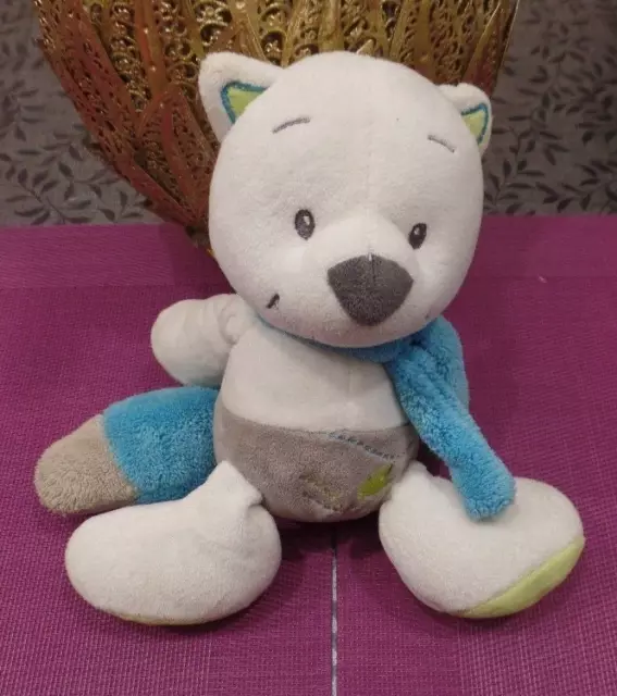 B16G / doudou peluche renard blanc vert écharpe bleue DOUKIDOU