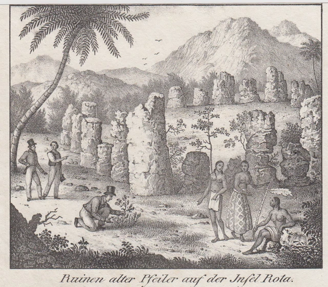 Marianen Isla Rota Ruinas Original Litografía Völkergalerie 1840