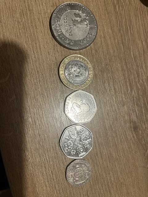 £5 Coin,£2 Coin, 50p x 2 & 1982 20p Coins