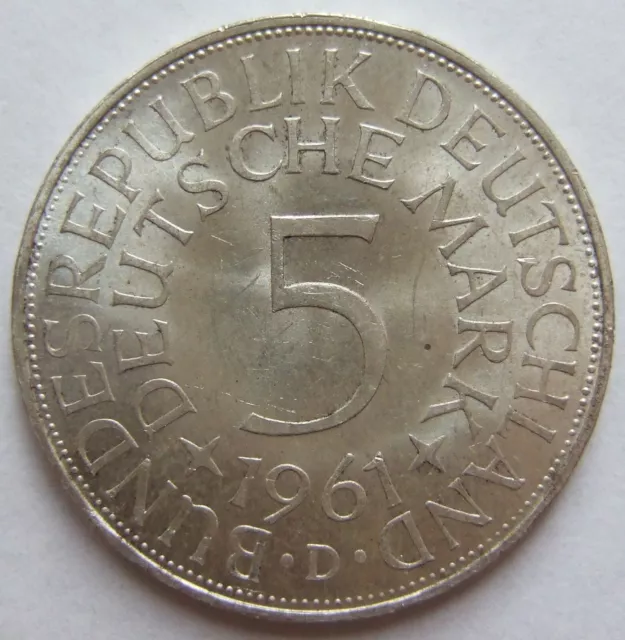 Münze BRD Silberadler 5 Deutsche Mark 1961 D in fast Stempelglanz