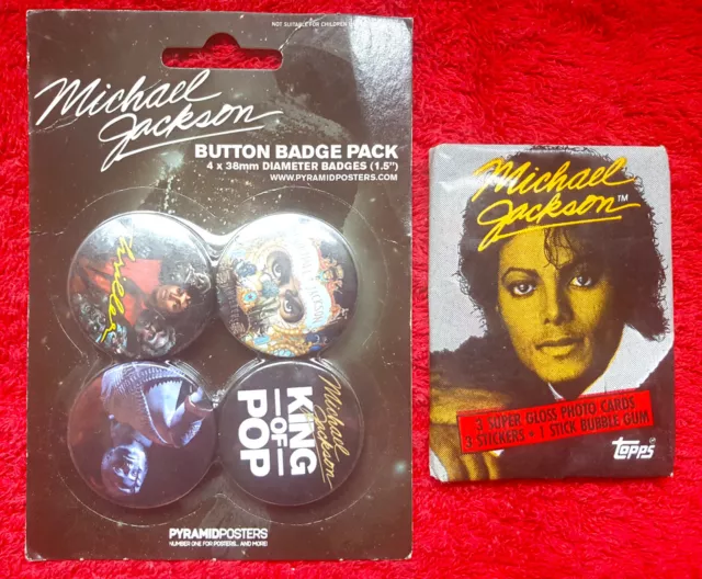 Michael Jackson Trading Cards 1St Series Unopened Wax Pack + 4 Badge Set Sealed