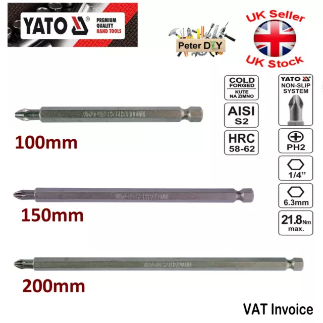 Yato Professional strapazierfähig extra lange PH2 Bits 100/150/200 mm oder Set YT-0485-7