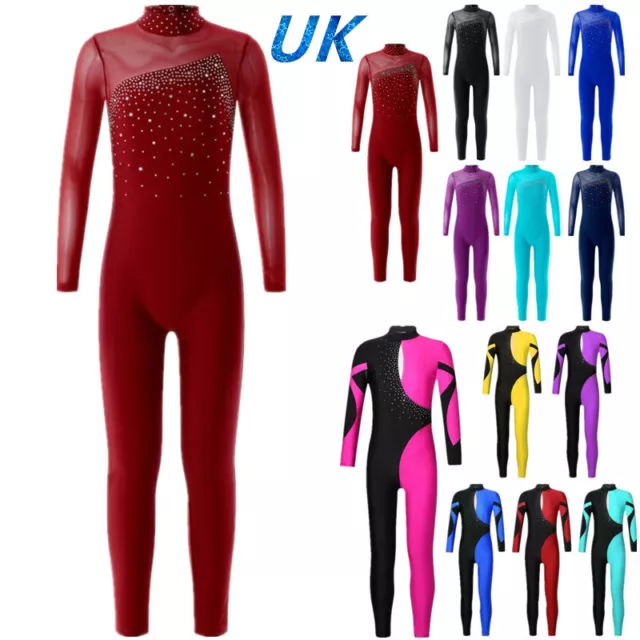 UK Girls Gymnastics Leotard Long Sleeve Ballet Ice Skating Jumpsuit Dancewear