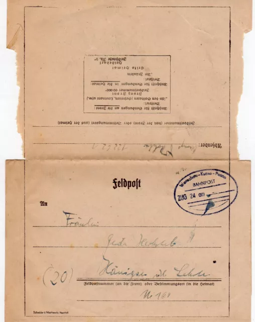 Feldpostbrief mit Bahnpost Zug 24 Warschau-Kutno-Posen - 1944