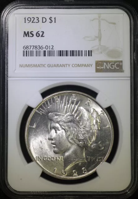 1923 D Peace Silver Dollar NGC MS62 Lustrous Better Date Coin