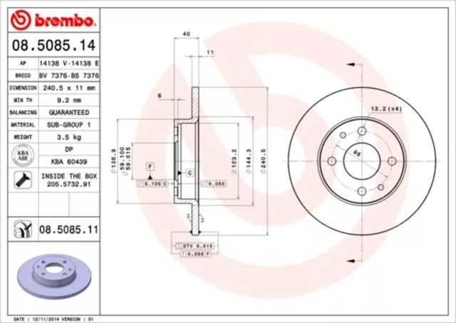 2x Bremsscheibe PRIME LINE - UV Coated BREMBO 08.5085.11 für FIAT ALFA FORD 11 1