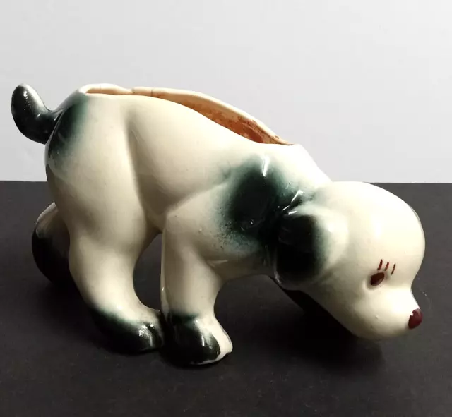 Cute Puppy Dog Sniffing Ground Planter Ceramic Decor Vintage Figurine 7"w c1950s