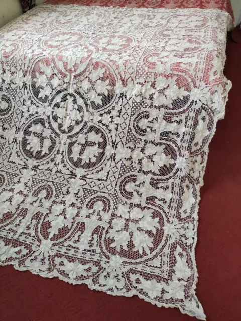 antique amazing linen lace tablecloth needlework embroidery large size item901