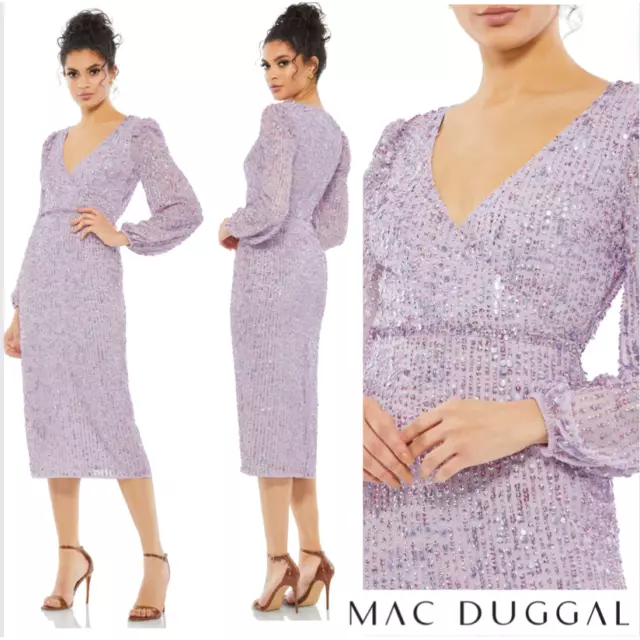 Mac Duggal Sequined Illusion Puff Sleeve V Neck Midi Dress Lavender Size 8