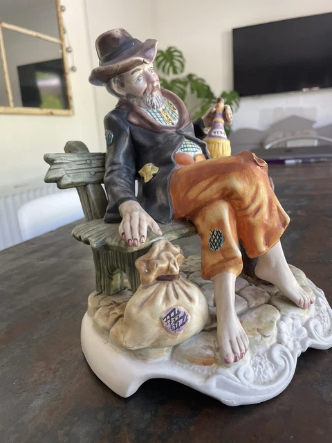 Rare Vintage Capodimonte Porcelain Figurine Man/Vagabond/Tramp/Cobbler On Bench.