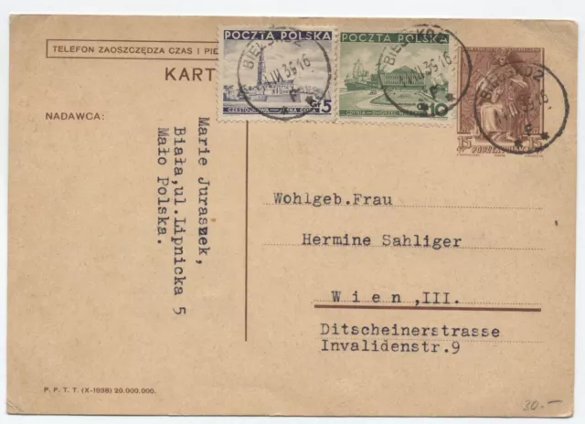 1939 Poland postal card to Vienna with two added stamps [y1832]