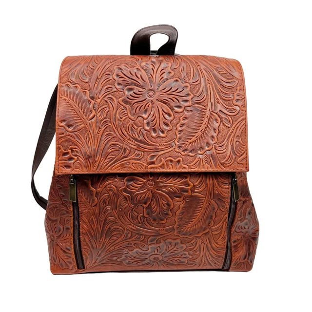 GENUINE TOOLED LEATHER Brown Artisan Backpack Crossbody Western