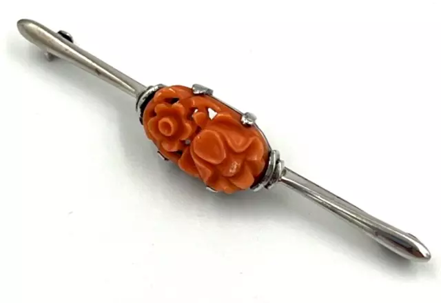 Antique Victorian Carved Coral Brooch High Relief Floral Spray Mounted In Silver