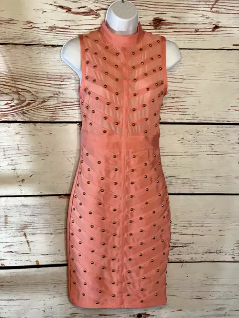 Wow Couture Dress Medium Studded Bandage Peach Bodycon